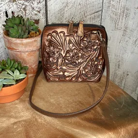 The Catalina Tooled Leather Crossbody in Bronze