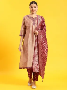 Women Beige Embroidered Kurta Trouser Dupatta